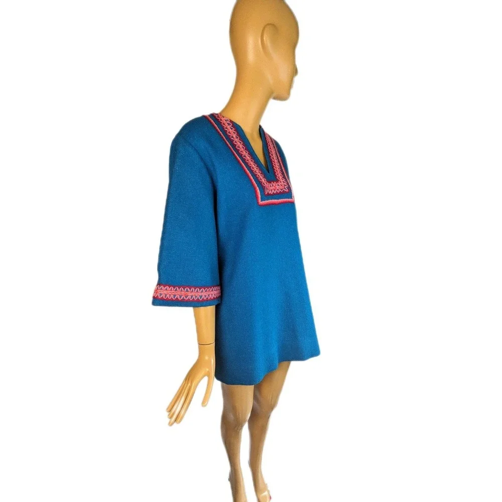1960s colorful tunic, vintage wool mini‎ dress vibrant turquoise wool embroidery - Picture 5 of 10